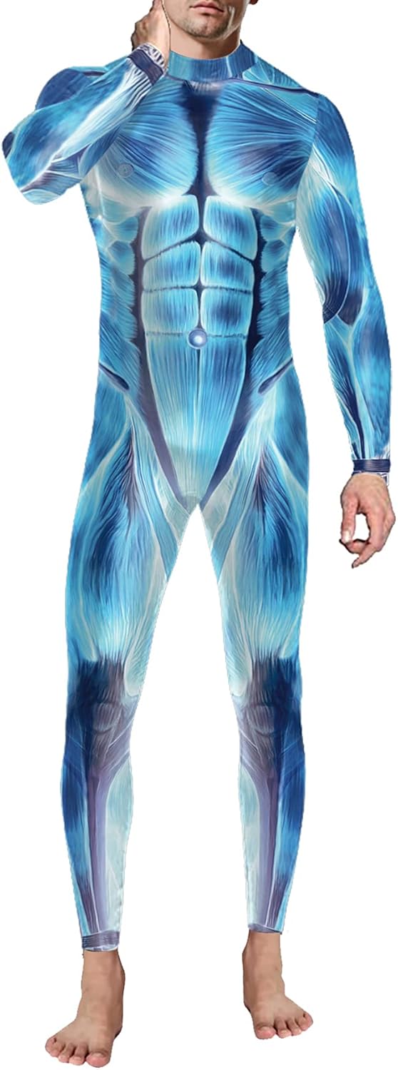 Mens Funny Halloween Costume Skeleton Print Cosplay Jumpsuit bodysuit