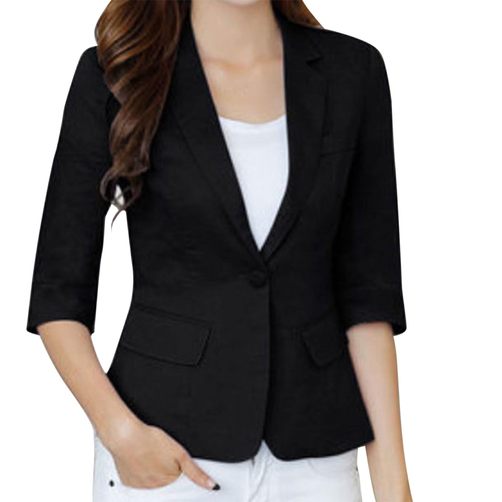 Blazer d'été pour femme - Léger - Manches courtes - En lin - Pour femme - Léger - Élégante - Courte - Manches 3/4 - Couleur unie - Avec poches