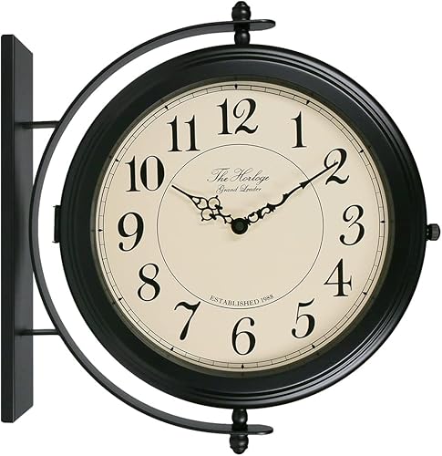 Bestime Reloj de pared de doble cara con acabado negro de 16 pulgadas, hierro forjado, metal, silencioso, fácil de leer, reloj de estación de dos