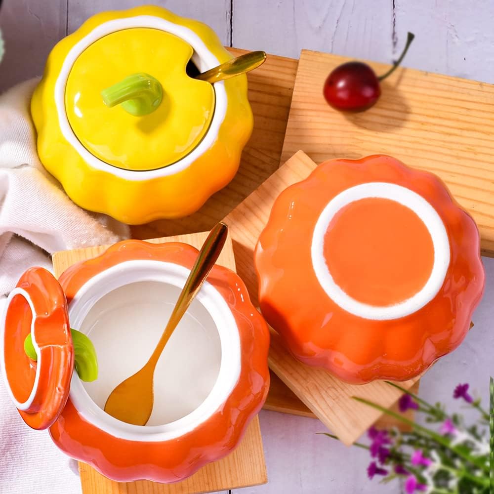 Ceramic Sugar Bowl with Lid and Spoon, 300 ML Pumpkin Shape Spirce Jar