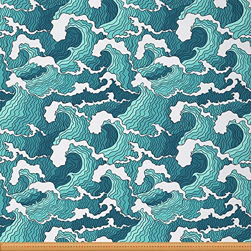 Ocean Waves Fabric by The Yard,Japanese Hokusai Style Upholstery Fabric for Chairs,Nautical Exotic Marine Sea Wave Waterproof Outdoor Fabric,2 Yards,(L184*W150cm) Teal White