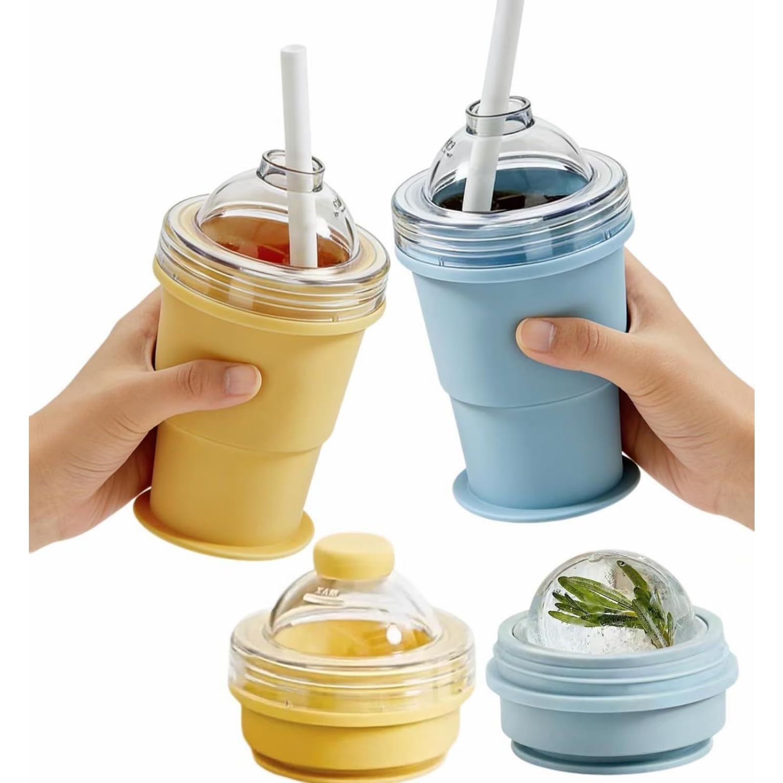 Bouteille à glaçons 2-en-1 pliable en silicone bleu et jaune pour boissons fraîches nomades