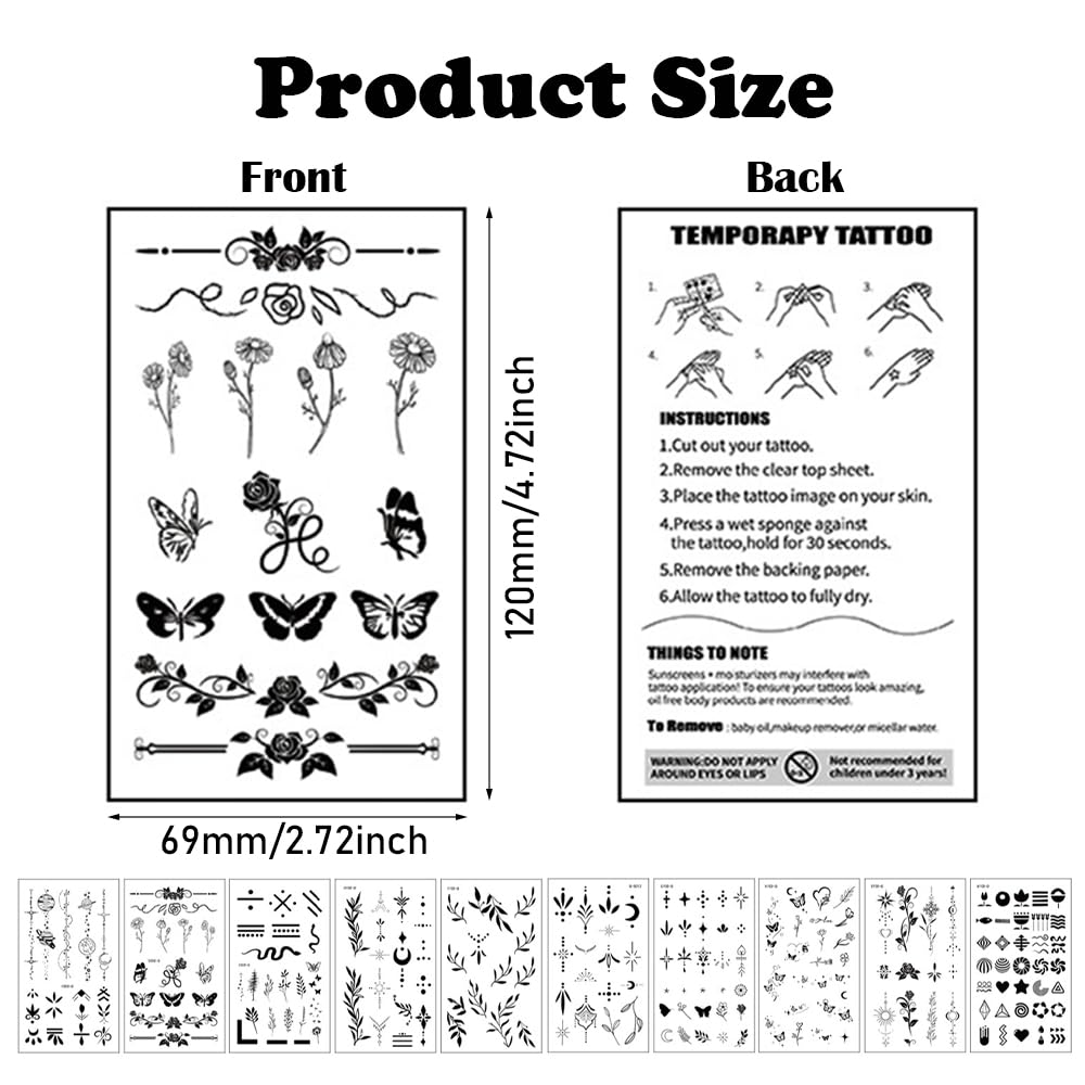 10 Sheets Temporary Tattoos Finger Stickers Small Tiny Finger Fake Tattoos Black Plant Butterfly Semi Permanent Tattoos Waterproof Long Lasting Tattoo Stickers for Women Girls Adults and Kids - Image 2