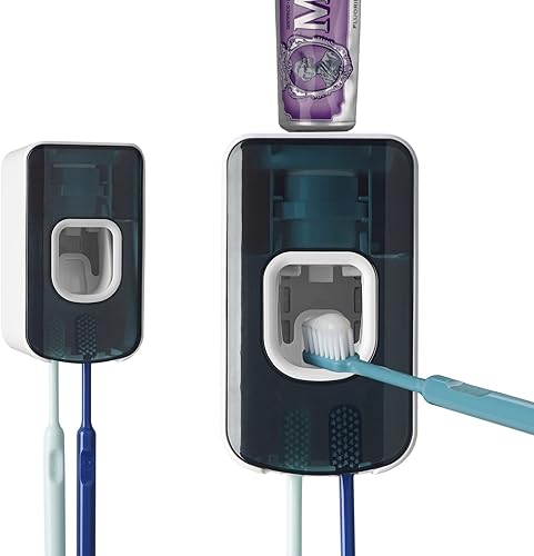 LUEXBOX Soporte para cepillo de dientes de 2 ranuras y dispensador de pasta de dientes montado en la pared exprimidor automático de pasta de dientes