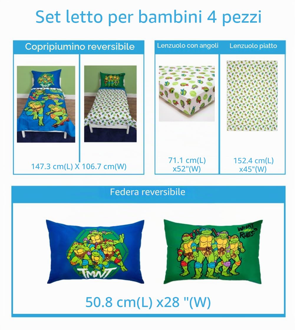 TEENAGE MUTANT NINJA Turtles - Set di biancheria da letto per bambini, 4 pezzi, include piumino, lenzuolo con angoli, lenzuolo sopra e federa reversibile, per letto ragazzi, colore: blu