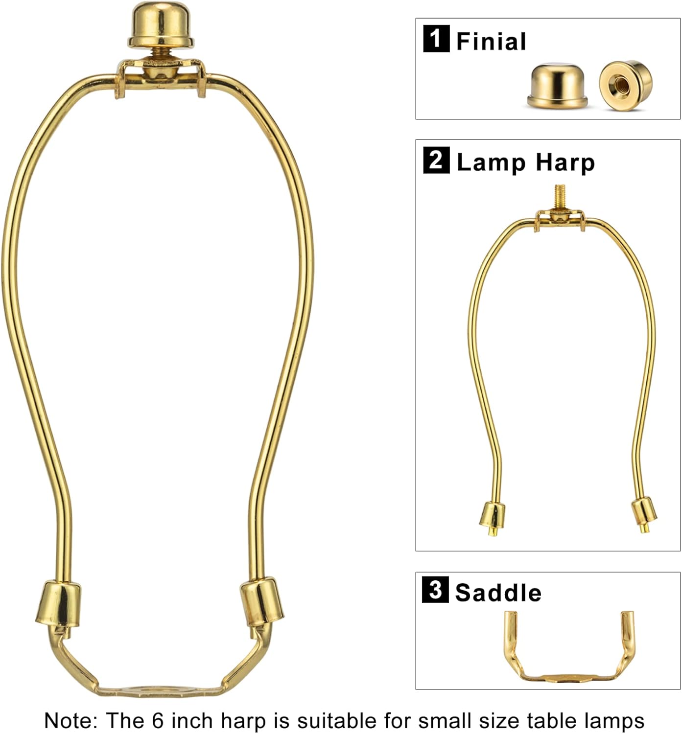 Lamp Harp 6 Inch, 2 Set Detachable LampShade Harp for Table and Floor Lamps, Heavy Duty Lamp Brackets with 3/8 Standard Saddle and Finials (Polished Brass)
