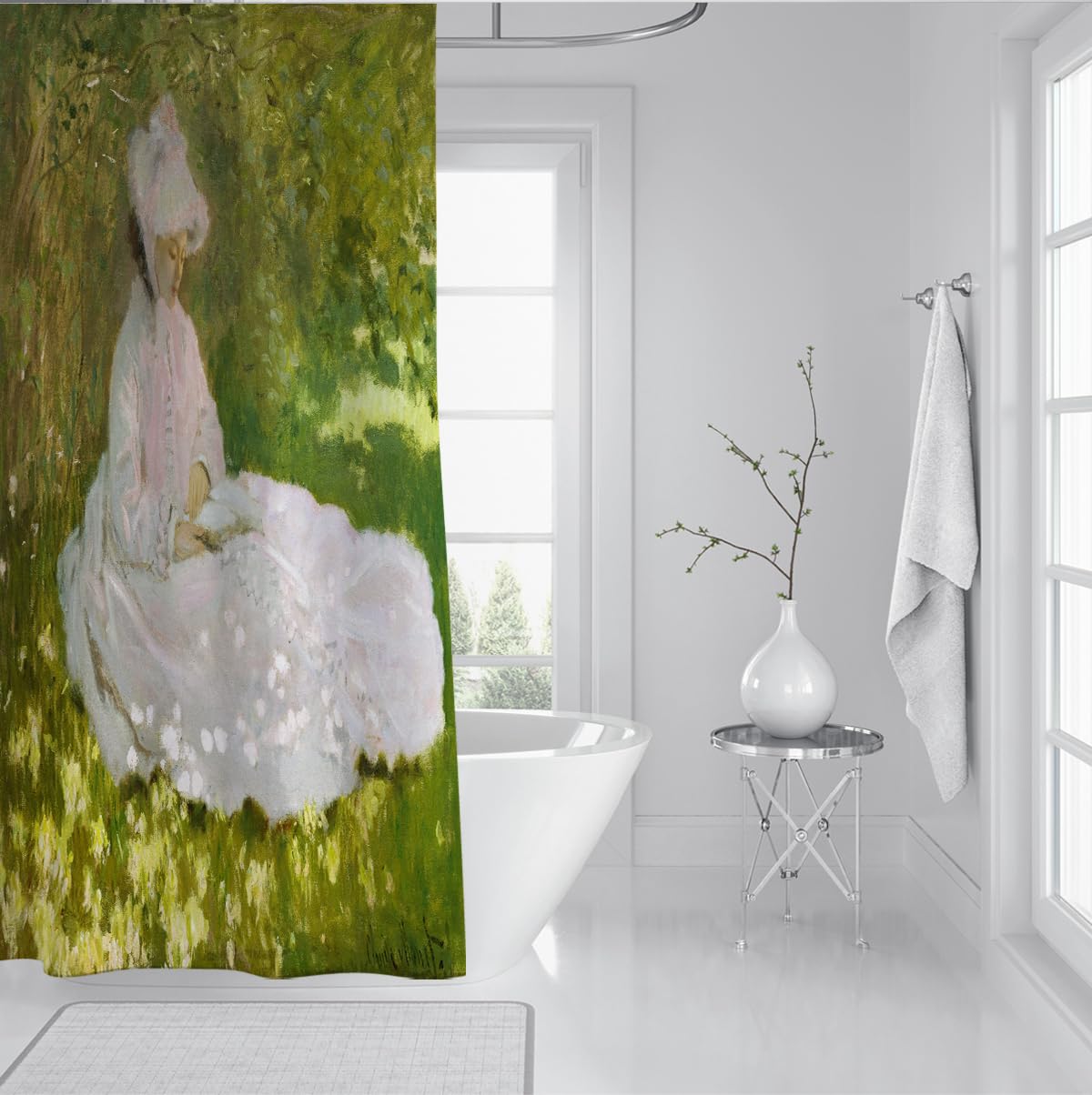 Tende doccia in tessuto primaverile con ganci arte rosa verde 240x180cm | Tessuto impermeabile in poliestere ad asciugatura rapida, decorazione artistica impressionista, set di tende lavabili