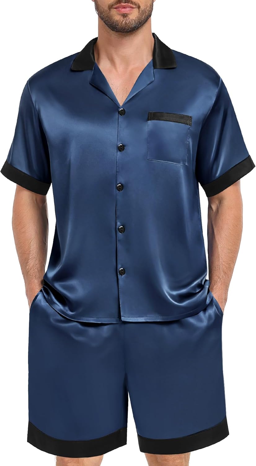 SWOMOG Men Satin Silk Pajamas Sets with Pockets Short Sleeve Button-Down PJs Sets 2 Piece Summer Sleepwear S-XXL - Image 6