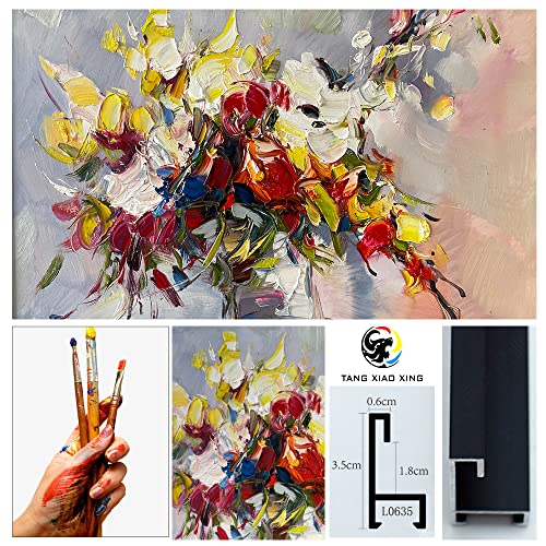 Tang Xiao Xing Hand-Painted Modern Impression Flower Oil Painting Living Room Porch Fireplace Decorative Painting (31.5”*31.5“（80 * 80Cm）, Aluminum Alloy Black Frame(Flower-2)) #TOP2