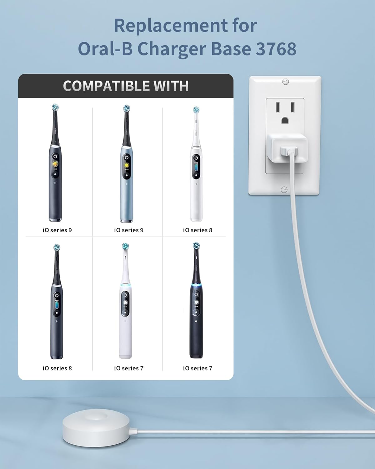 WUKUR Charger for Oral B iO Series Charging Base,Compatible with Oral B iO Electric Toothbrush 7/8/9/10 Series, Magnetic Travel Charger Base Model 3768 Power Cord(White)
