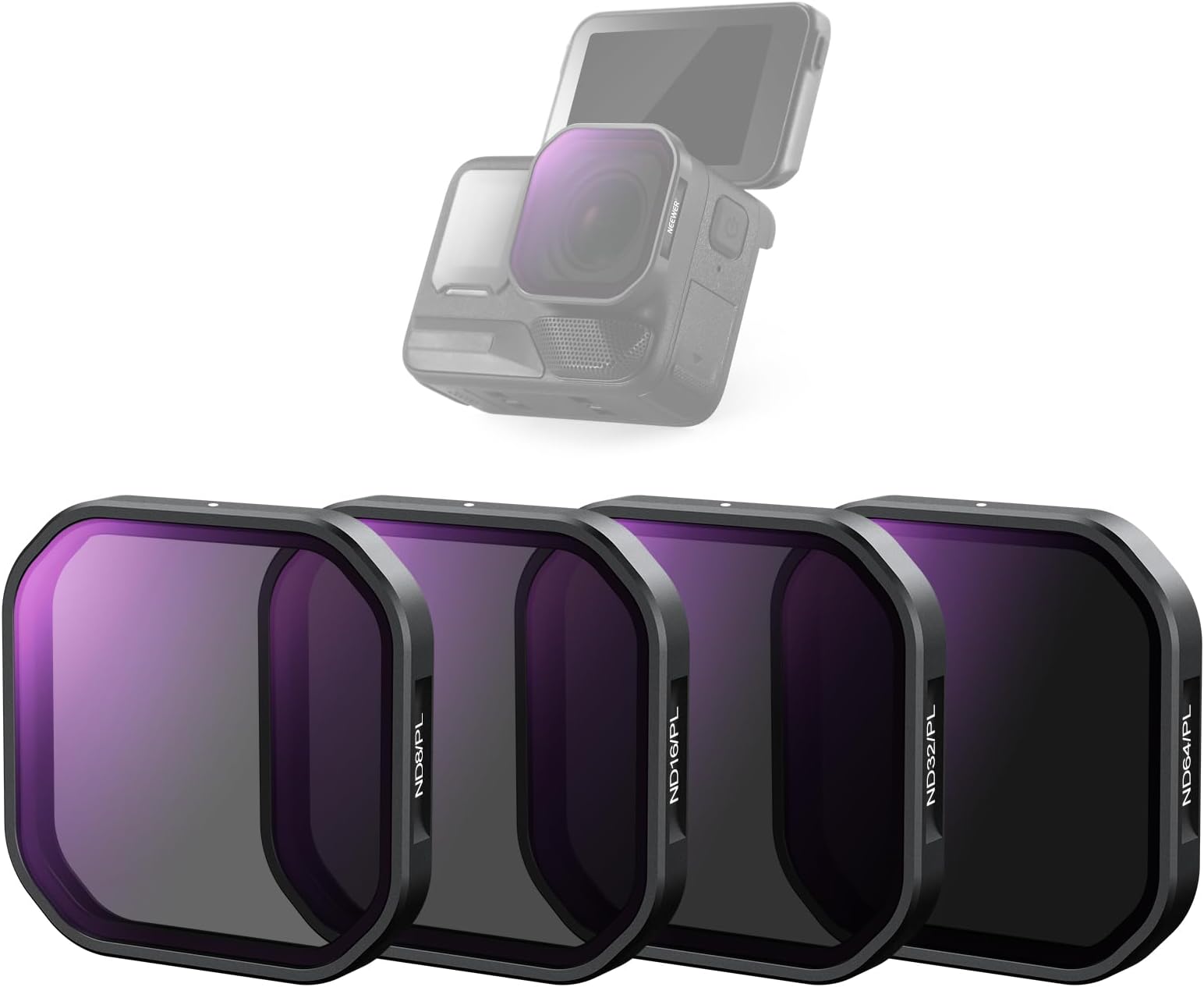 Neewer 4 Pack ND/PL Filter Set Compatible with Insta360 Ace Pro 2, ND8/PL + ND16/PL + ND32/PL + ND64/PL Neutral Density Polarizer Polarizing Filter Kit Snap On Action Camera Accessories, FL91