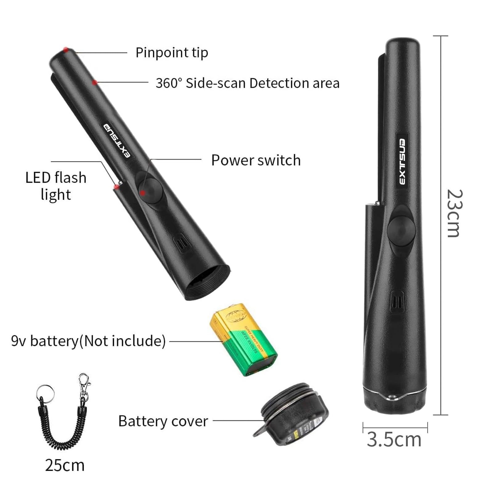 Tragbarer Metalldetektor Pinpointer – 360°-Scan, Wasserdicht (IP66), Mit LED, Vibration & Ton, Inkl. Batterie & Gürtelholster, Orange