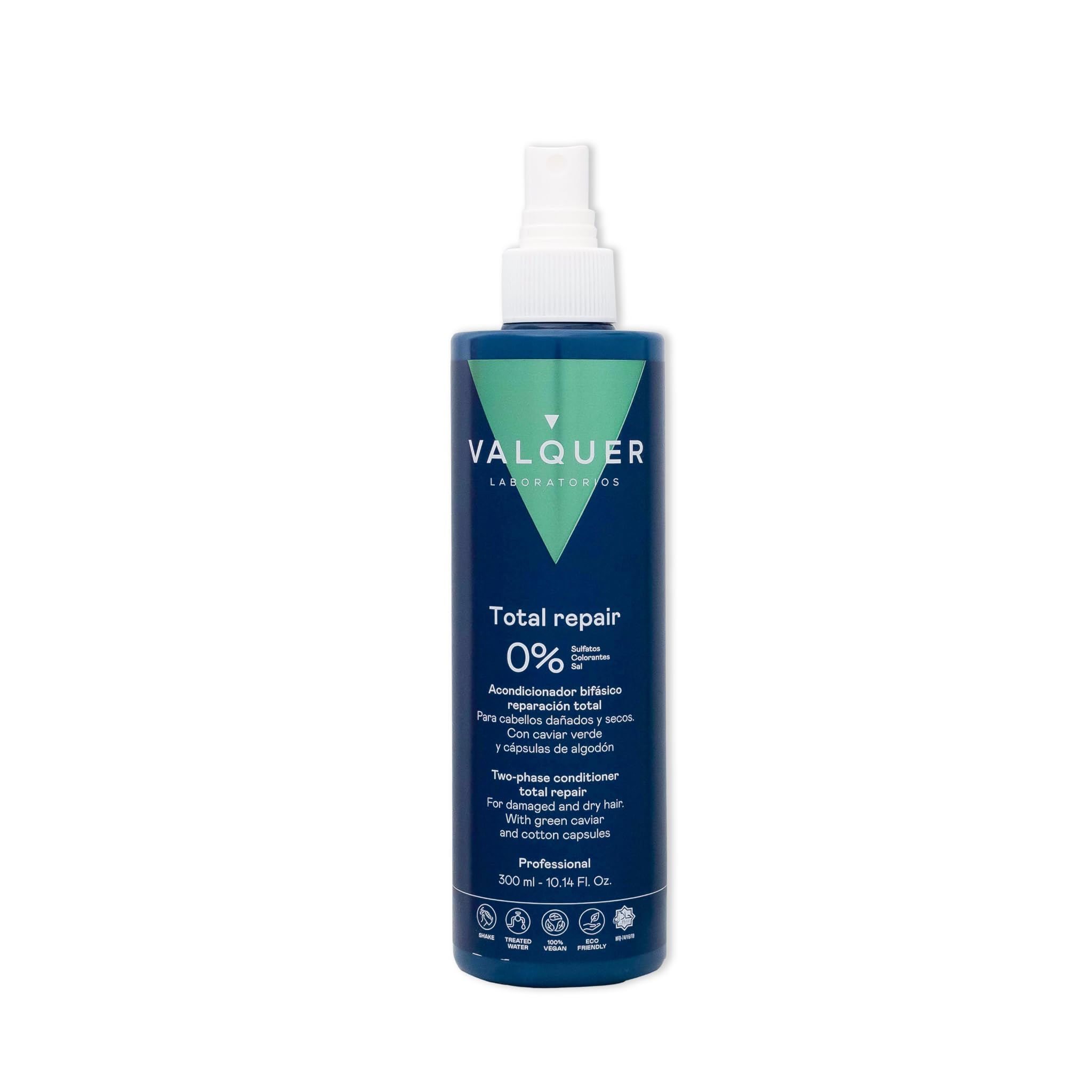 Valquer Total Repair Two-Phase Conditioner for Damaged Hair. Formulated with Green Caviar, Cotton Capsule and Zero% (Sulfates, Colorants, Salt, Parabens, Mit) - 300 Ml