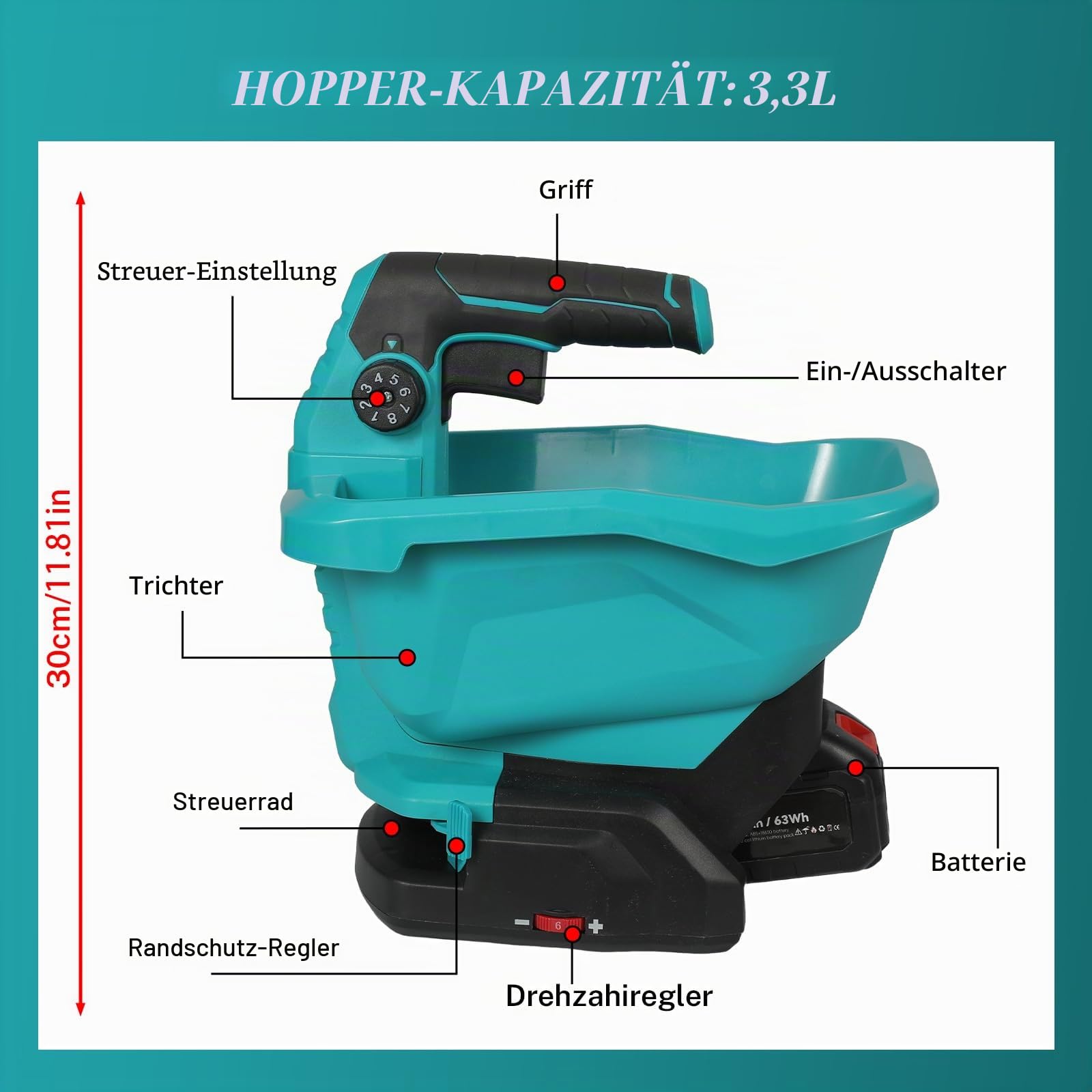 Streuer FüR 18V Akku, Streusalz Streuer, DüNgerstreuer, Streusalz Verteiler, StreugeräT, 2200rpm, 8 GäNge & 6 Geschwindigkeiten, 105-140°, 3.3l, FüR SäEn DüNgen Streusalz Eis Schmelzen (FüR 18V)
