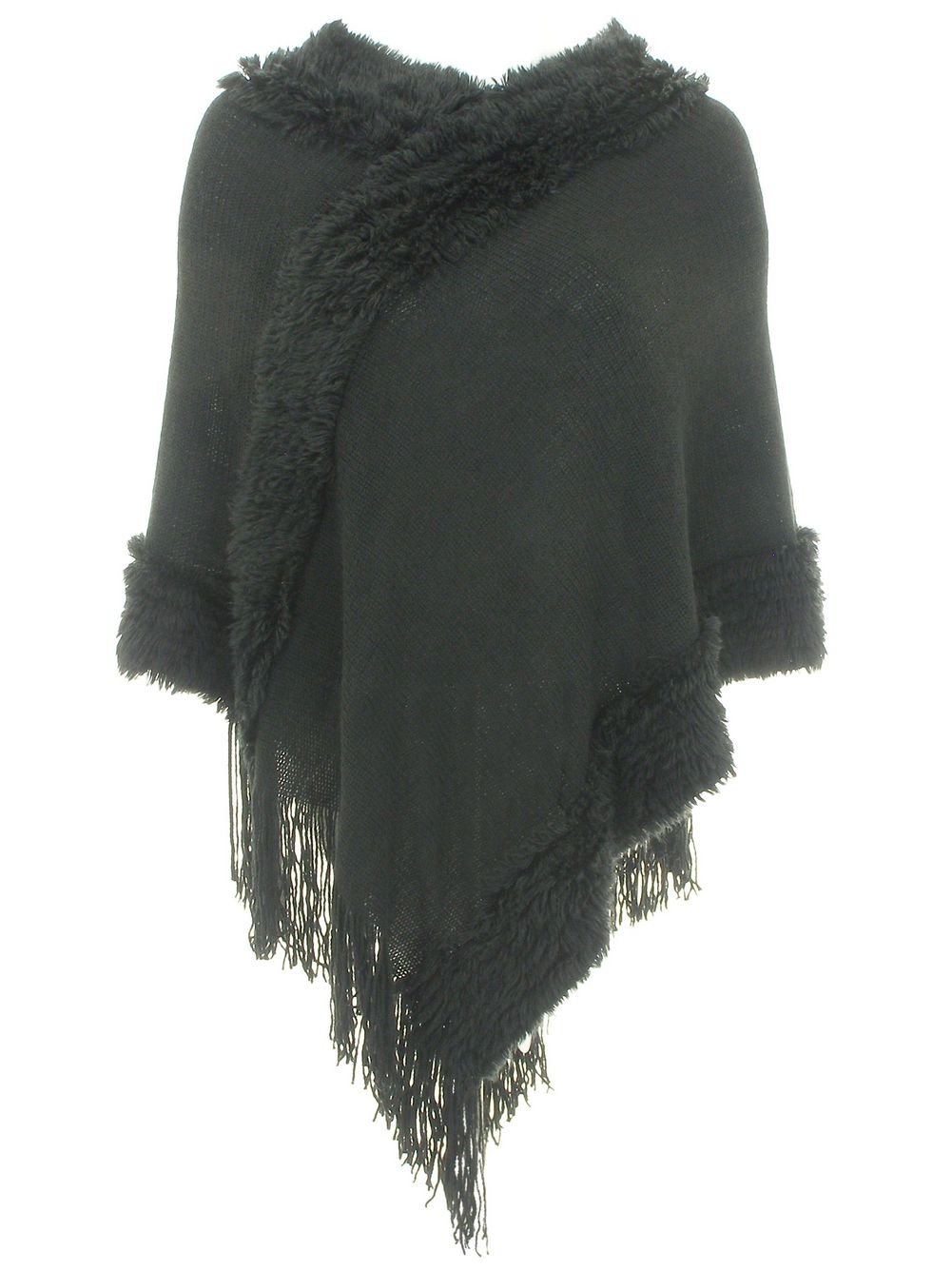 DivaDesigns Womens Faux Fur Trim Knit Loose Neck Pullover Short Poncho Sweater