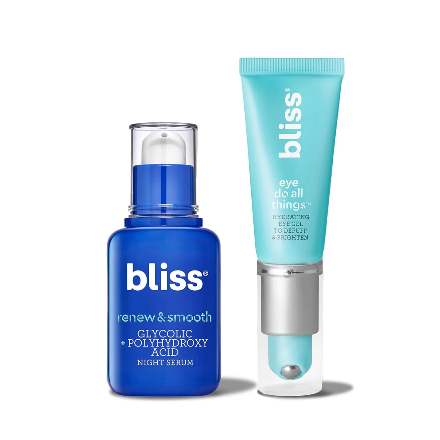 Bliss Renew & Smooth Night Face Serum- AHA Glycolic + Polyhydroxy Acid + bliss Eye Do All Things Hydrating Eye Gel Depuff & Brighten Straight-from-the-Spa