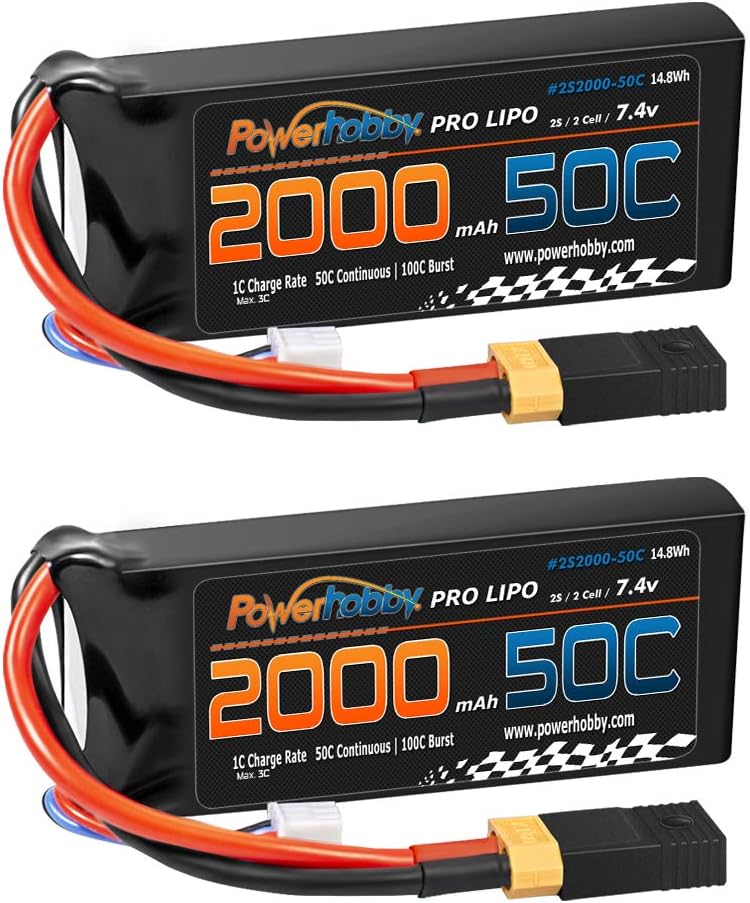 Powerhobby 2s 7.4v 2000mah 50c Lipo Battery w XT60 Plug + Adapter (2) Compatible with: Traxxas 1/16 E-Revo Slash Rally Summit