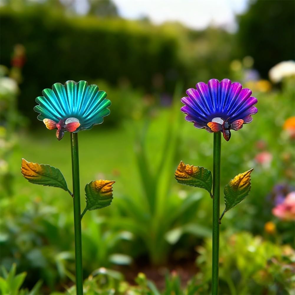 Confezione da 4 paletti in metallo per mangiatoie per fiori, in ferro resistente alla ruggine, con supporti a forma di fiore, per uso esterno, alimentazione per uccelli e api (quattro