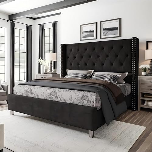 Jocisland Queen Bed Frame Upholstered Bed Wingback Headboard Velvet Tufted Diamond Button/No Box Spring Needed/Easy Assembly/Black