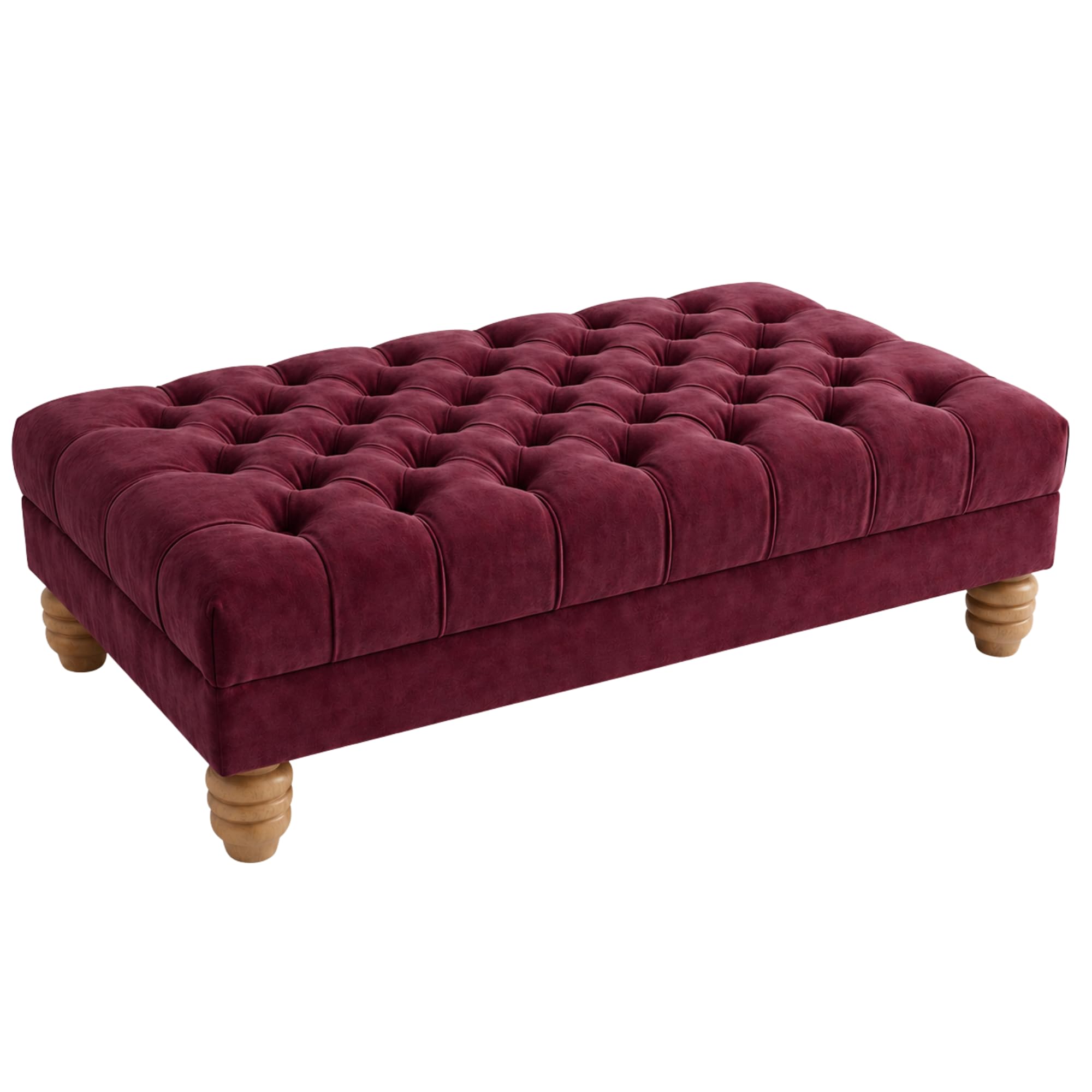 Chesterfield Footstool Coffee Table Large – Deep Button Tufted Plush Fabric Ottoman Bench, Thick Cushioned Living Room Foot Stool with Wooden Frame & 6 Inch Light Oak Feet (Maroon)