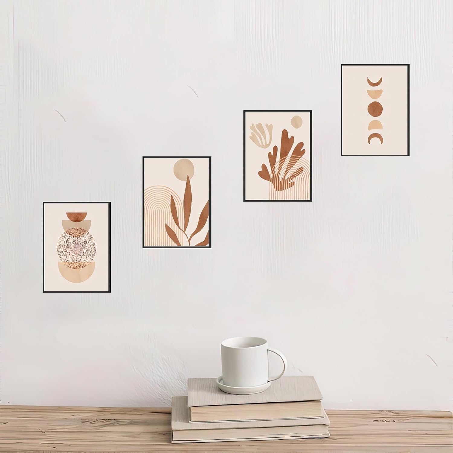 LEYIARTT Set of 4 Abstract Boho Wall Decor, Frame Wall Art Canvas Painting Coral Lines Beige Sun Rainbow, Posters And Prints Pictures for Home Living Room Bedroom Decoration