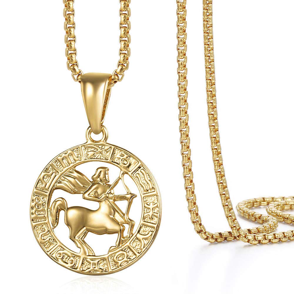 Gold Plated Zodiac Sign Pendant Necklace for Women Men Leo AriesConstellation Horoscope Pendant Stainless Steel Box Link Chain 22inch