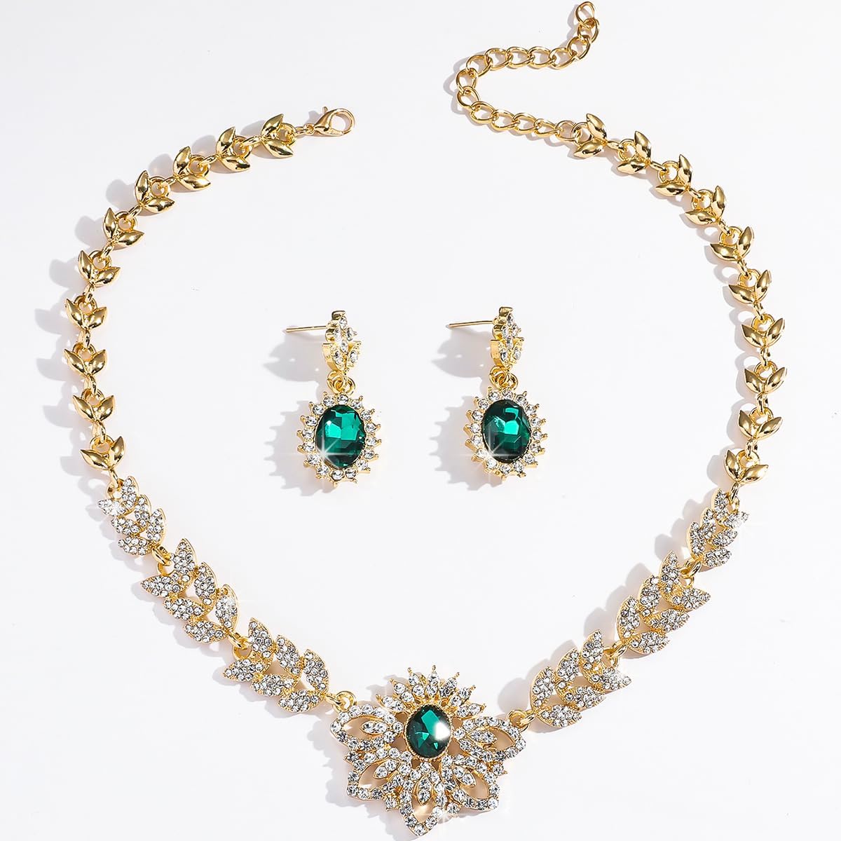 Xerling Chunky Statement Rhinestone Necklace Earrings Floral Crystal Pendant Gold Leaf Chain Necklace Green Oval Earrings Jewelry Set Bridal Wedding Accessory for Brides Women Gifts - Image 6