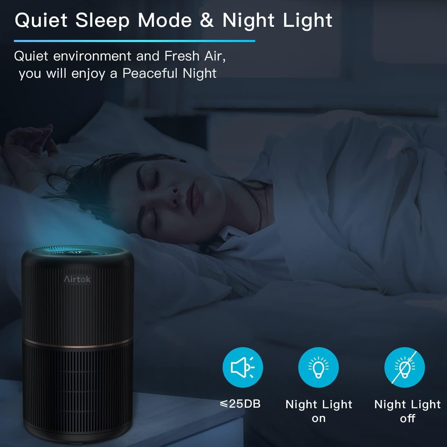 AIRTOK Purificateur d'Air, H13 HEPA Purificateur éliminant 99,97% de la poussière, de la fumée et des odeurs d'animaux, Air Purifier avec éponge parfumée, veilleuse, 3 niveaux de vitesse, Time