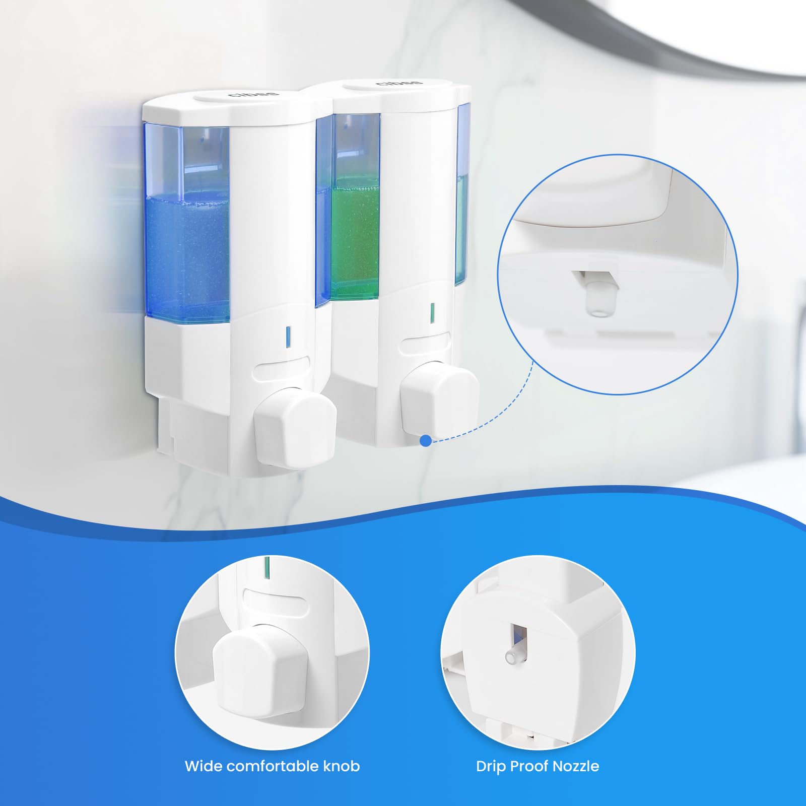Dispensador de jabón de ducha, 2 cámaras de 350 ml, 2 dispensadores de champú y acondicionador, sin taladro, dispensador de champú montado en la pared para ducha, dispensador de ducha montado en la