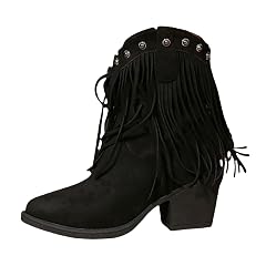 Suede Fringe Chunky Heel Western Boots for Women Lightweight Comfy High Top Booties Casual Ankle Boots for Music