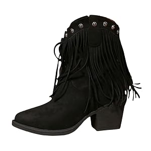 Suede Fringe Chunky Heel Western Boots for Women Lightweight Comfy High Top Booties Casual Ankle Boots for Music
