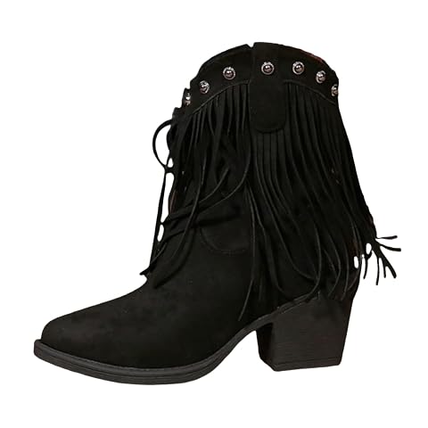 Suede Fringe Chunky Heel Western Boots for Women Lightweight Comfy High Top Booties Casual Ankle Boots for Music
