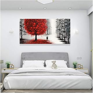 Bzdmly Toni in Bianco e Nero Paesaggio Rosso Albero Fortunato Dipinto a Mano Olio su Tela Decorazione Pittura 70x140 cm / 27,6