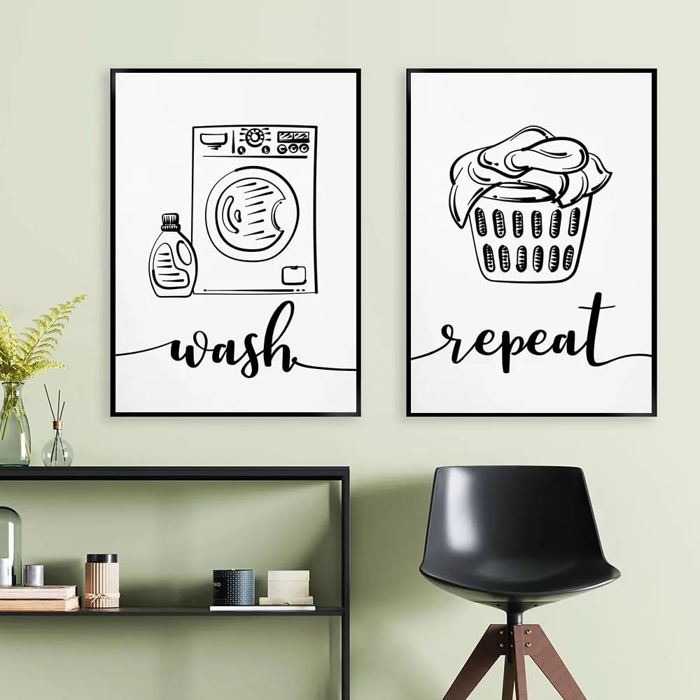 MAIMANG Cartel de lavado, secado, doblado y repetición de ropa, impresión artística en lienzo, pintura nórdica, póster e imágenes impresas para decoración del hogar (80 x 120 cm x 2, marco interior)