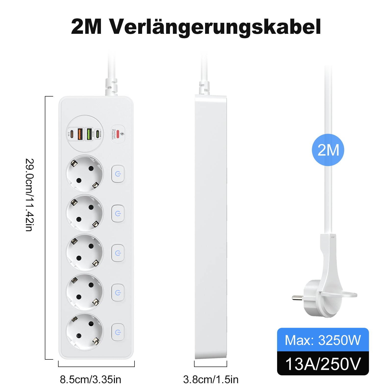 Listwa zasilająca z 5 gniazdami, indywidualnie przełączana, z 2 gniazdami USB A i 2 USB C, 5 gniazd z przełącznikiem, listwa zasilająca, montaż ścienny, z kablem przedłużającym 2 m, PD 20 W, biała