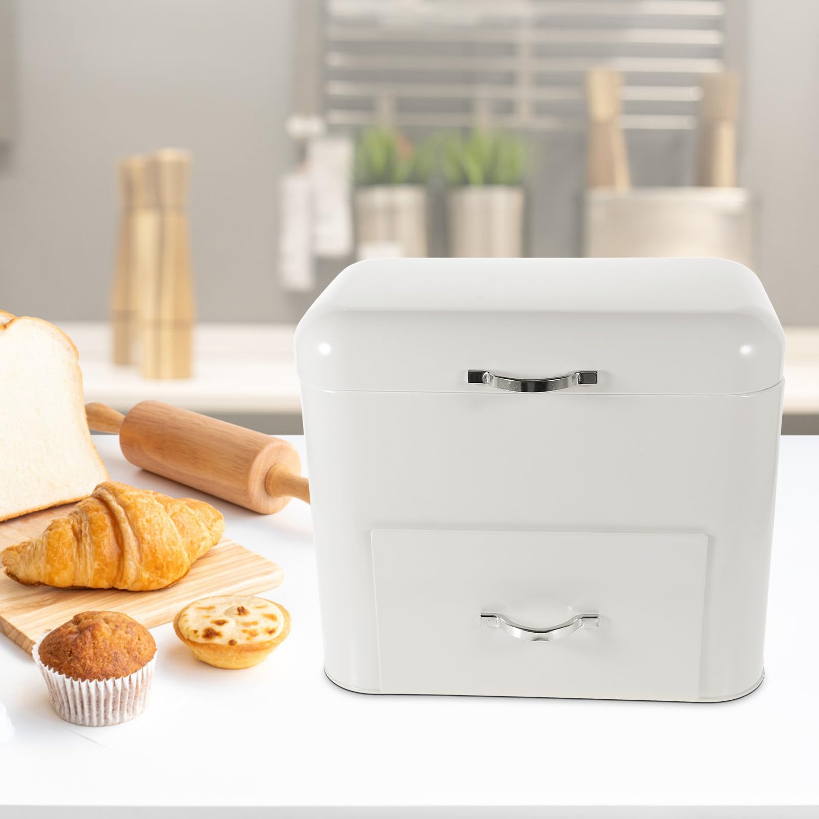 FRCOLOR Caja Espacioso y Resistente para Guardar Pan de Hierro Blanco Gran Capacidad y Diseño Retro Organizador de Alimentos para Cocina y Cafeterías