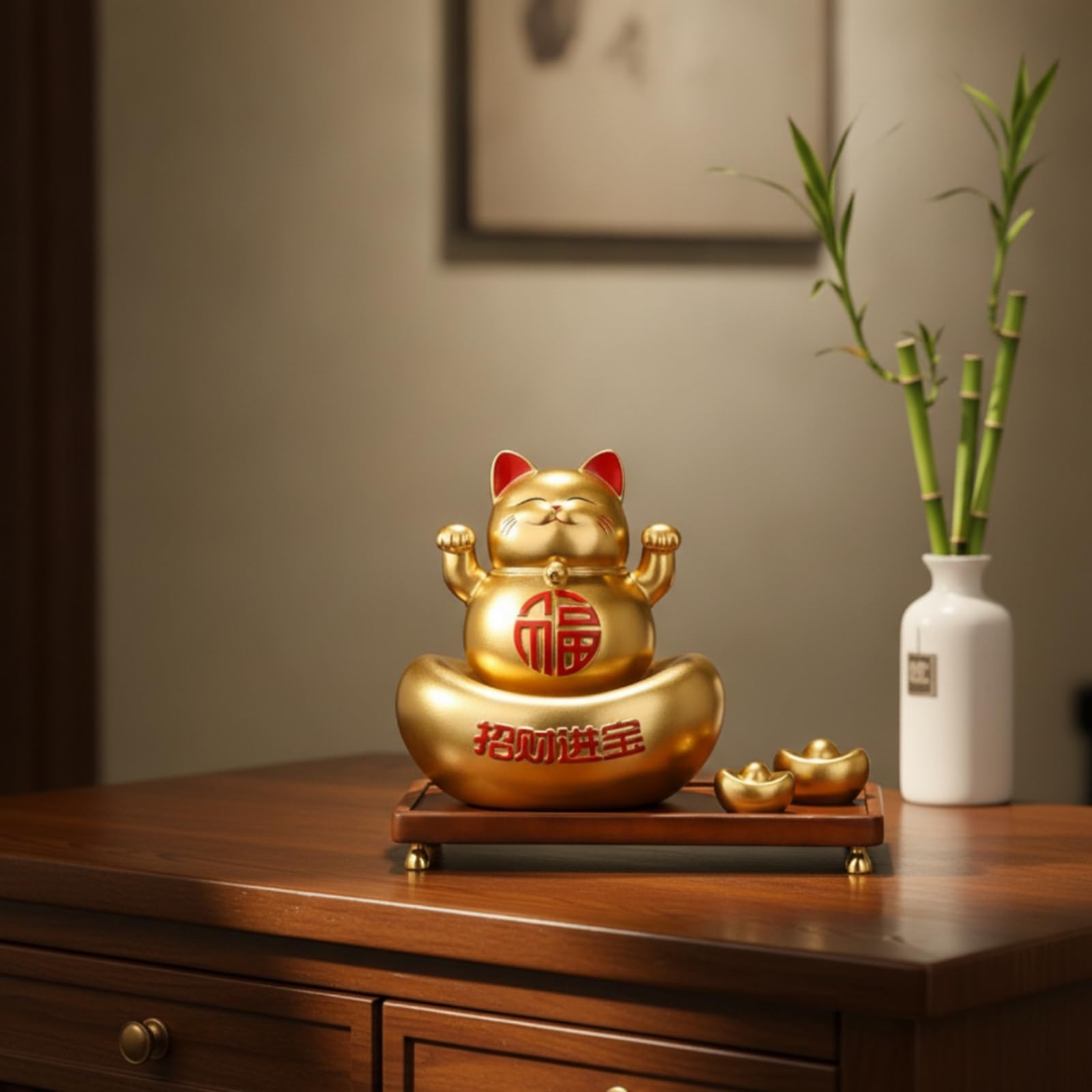 Figurine Décorative en Résine Chat Porte- Neko Statue Sculpture Ornement et Pieds Métal Doré Caractère Chinois en Relief Adaptée à Bureau Réception Plan de Travail, Crème De Café