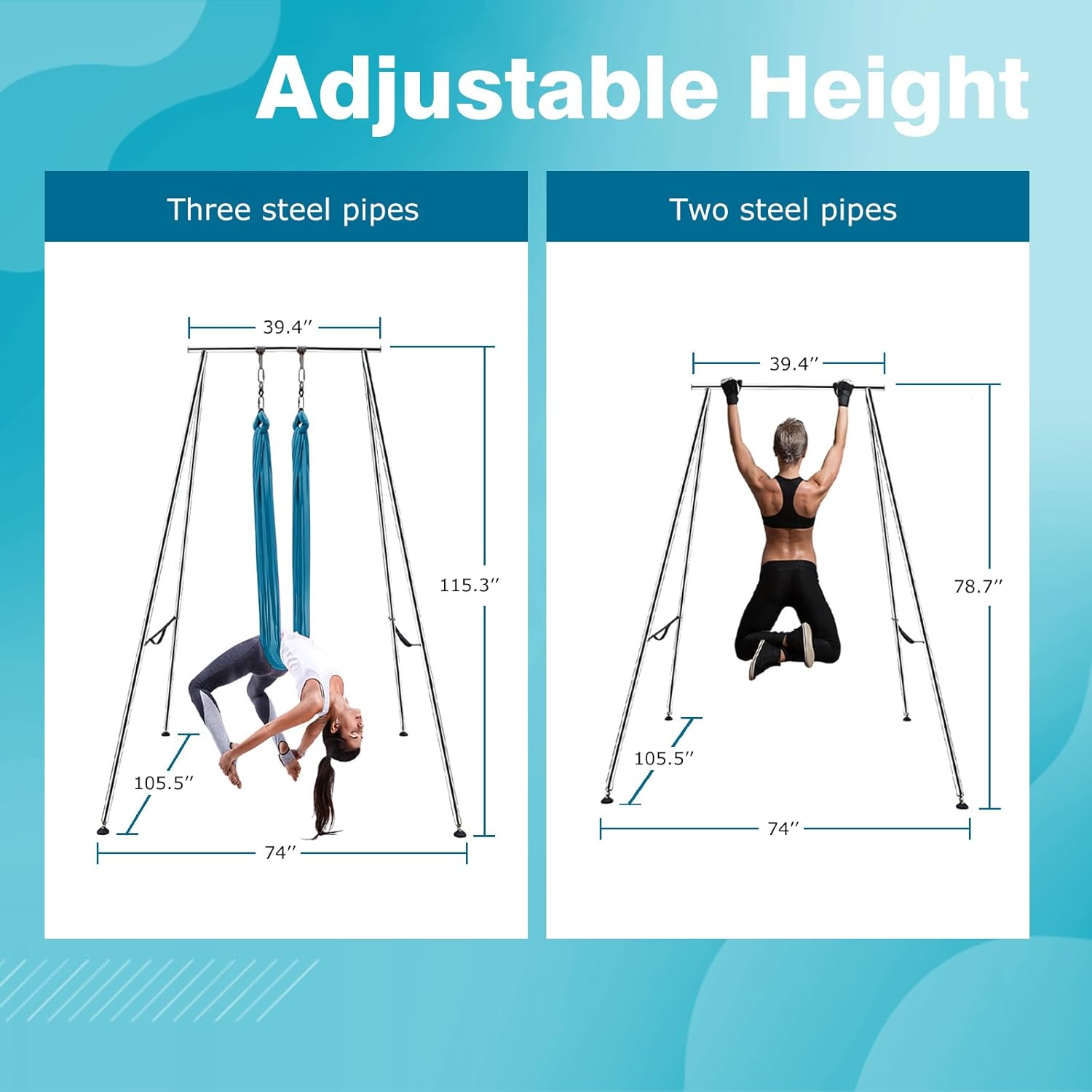 Adjustable Height Aerial Yoga Frame with Yoga Hammock, 18 FT/33 FT Aerial Silk, 550 lbs Max Capacity