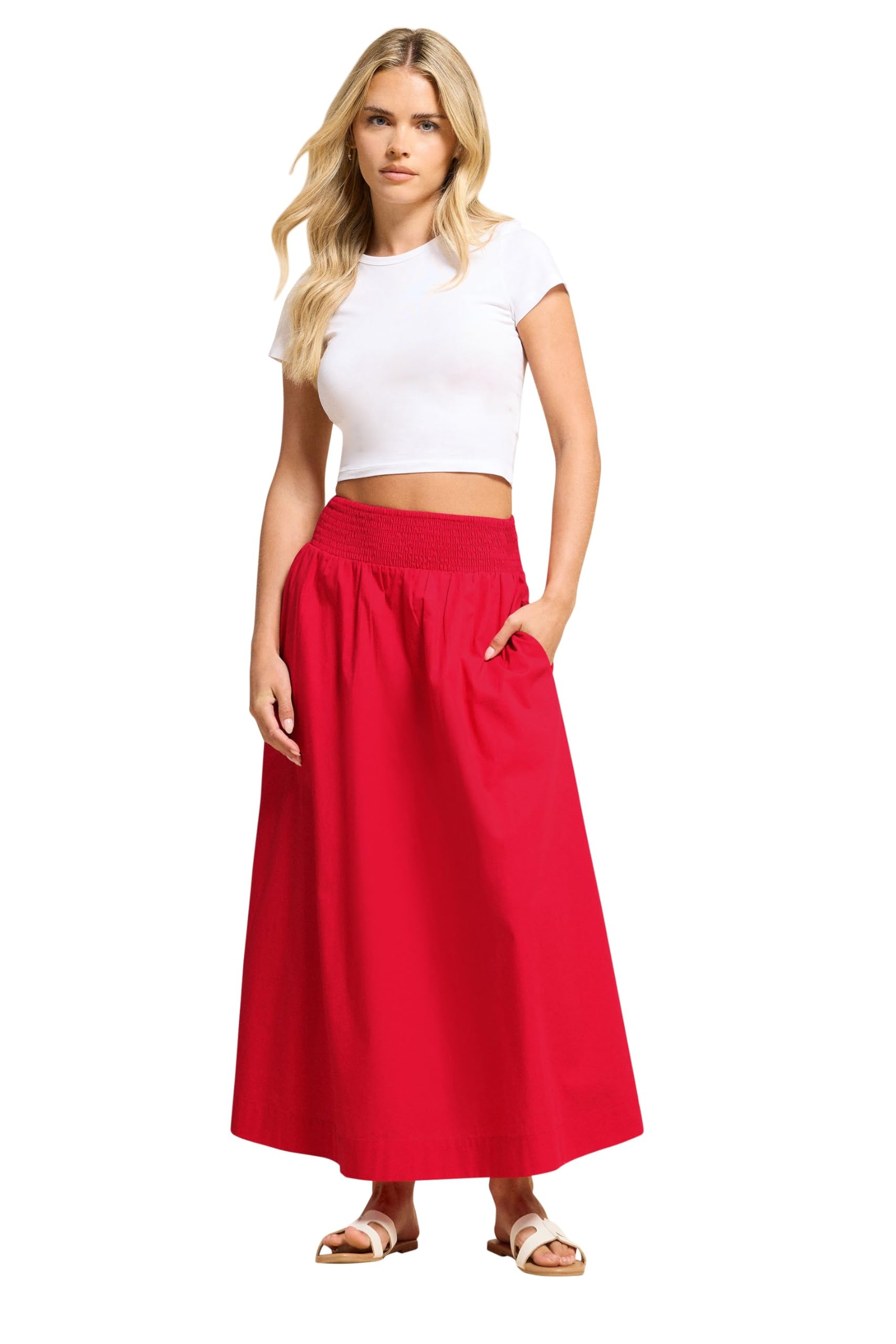 PixieGirl Petite Red Shirred Poplin Maxi Skirt Petite