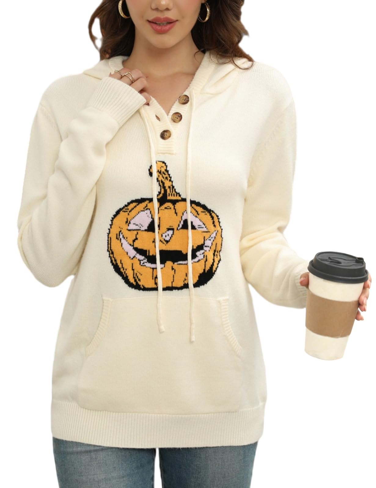 CiCiBird Women's Fall Hoodies Sweater V Neck Waffle Knit Top with Pocket Apricot Pumpkin S