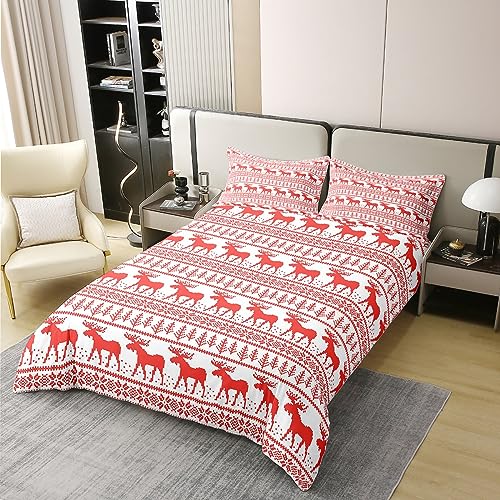 Homewish 100% Organic Cotton Christmas Bedding Set Super King,Rustic Deer Duvet Cover for Kids Teens Youth,Red Xmas Themed Comforter Cover,Boho Snowflake Elk Jungle Animal Bed Sets with 2 Pillowcases - Image 2