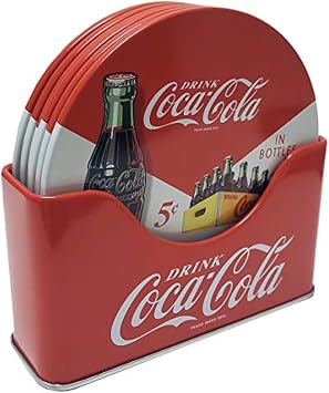 The Tin Box Company Coke 6 pc Coaster Set with Standing Metal Holder, Red