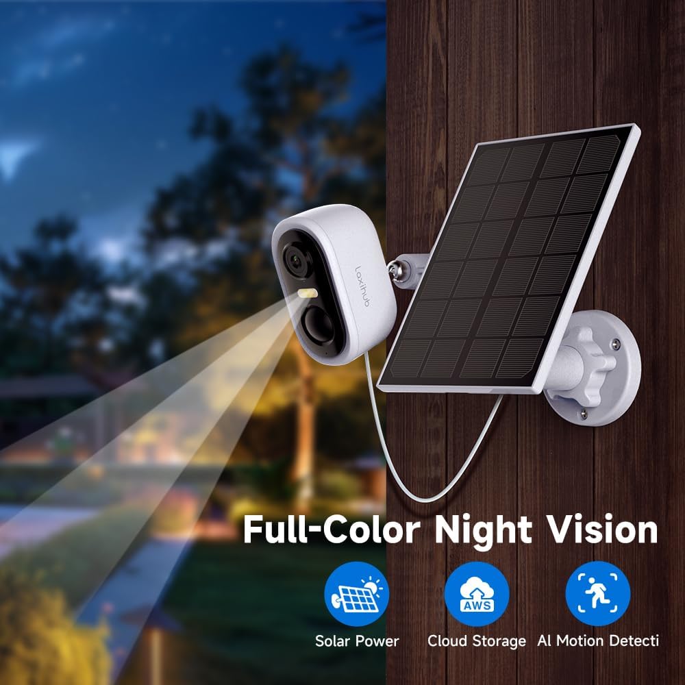 LAXIHUB camera with solar panel showing full-color night vision capability, with icons for Solar Power, Cloud Storage, and AI Motion Detection.