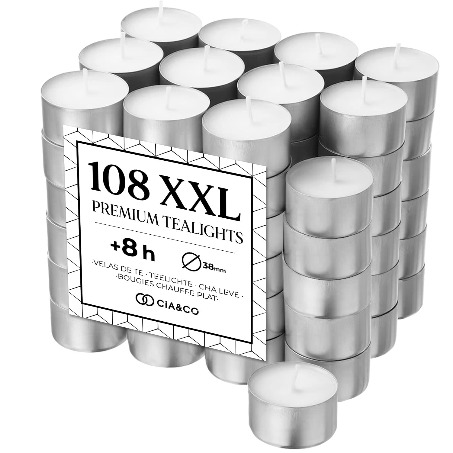 Pack Cia&Co 108 Velas de te 8 Horas XXL de Larga Duración. Velas Blancas Redondas de + 8 Horas sin Aroma y 100% Parafina. Diámetro 38 mm, Ideal Hostelería Sin Olor