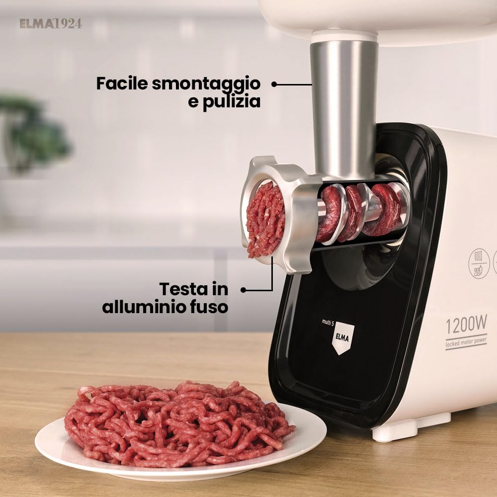 Elma Tritacarne Elettrico 350W, Tritacarne Multifunzione 5 in 1 | Testa in Fusione di Alluminio | Include 2 Dischi in Acciaio Inossidabile da 4 e 8 mm | Tutti gli Accessori Inclusi