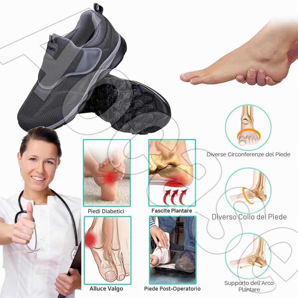 Scarpe per Diabetici da Uomo Confortevole Sneakers Casual all'Aperto Scarpe Funzionali Ortopediche Portatili per Il Tempo Libero Pollice Regolabile,Nero,45/275mm