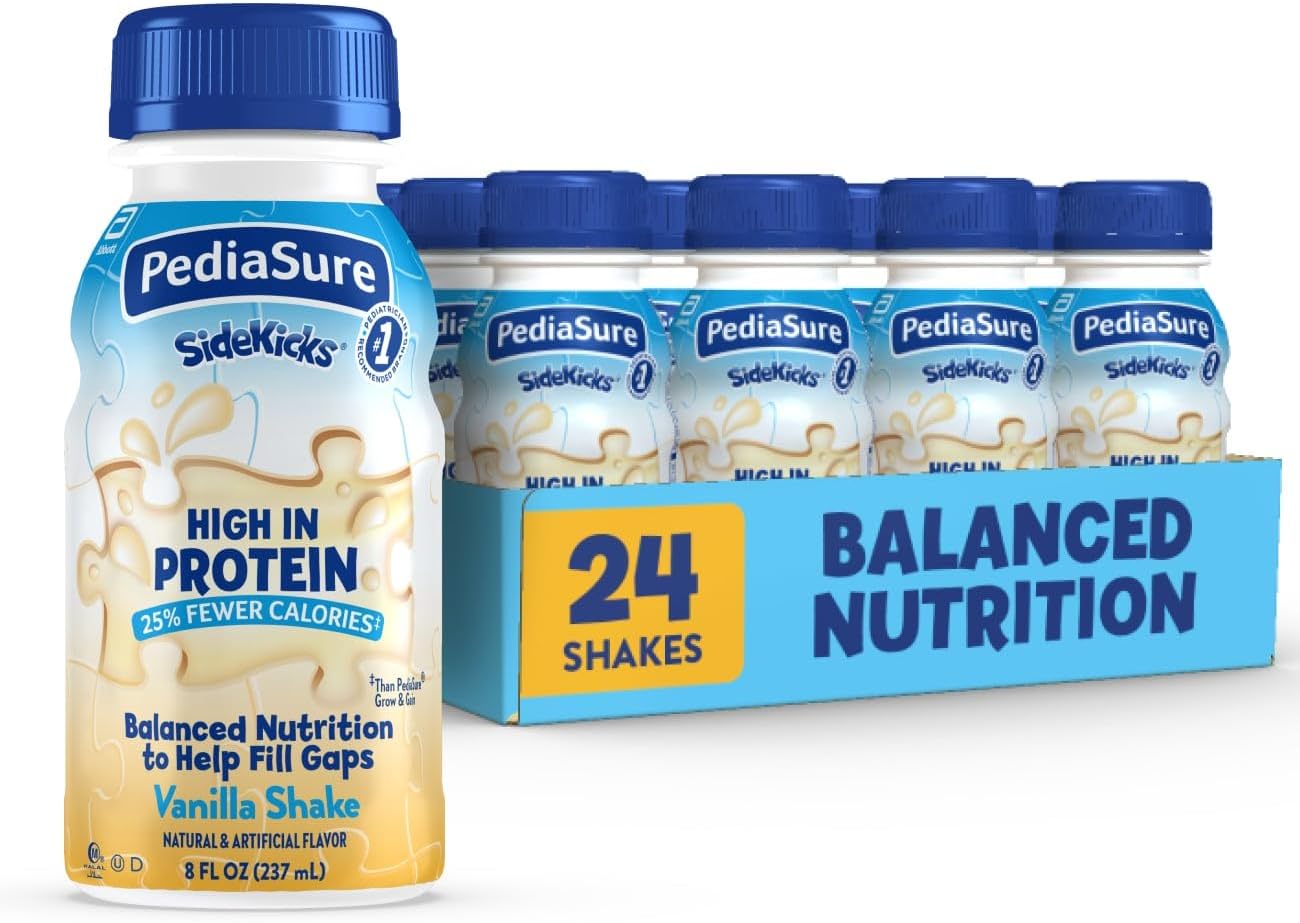 PediaSure SideKicks, Kids Protein Shake, With Key Nutrients and Protein to Help Fill Nutrient Gaps, Vanilla, 8-fl-oz Bottle, Pack of 24
