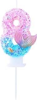 Mermaid 8 Birthday Candle - Pink & Blue Glitter with Pearl, Seashell & Fish Tail - Ocean Theme 8 Cake Topper for Under The Sea Party Cake Decoration