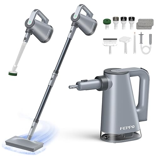 FEPPO Steam Mop with Detachable Handheld Steam Cleaner for Home and Floor Cleaning, 10-in-1 Multi-purpose Attachments & 2 Pads, Powerful Steamer for Floors, Hardwood, Tiles,Grout,Windows,Kitchen,Bath - Grey