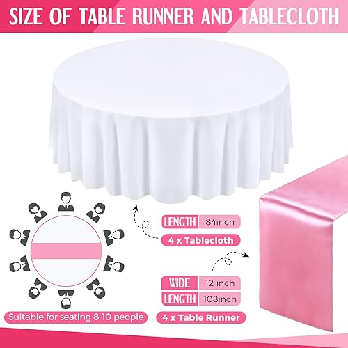 Miniatura 2 de Tudomro Juego de 8 manteles redondos de plástico y camino de mesa de satén de 12 x 108 pulgadas, manteles redondos de 84 pulgadas para fiestas,